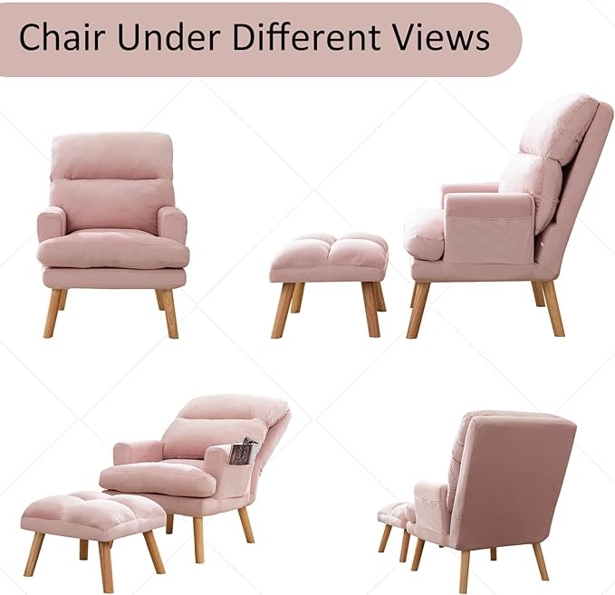 INZOY Accent Chairs with Ottoman, Modern Comfy Chair with Adjustable Backrest and Side Pockets, Velvet Fabric Armchair with Ottoman for Bedroom Living Room (Pink)