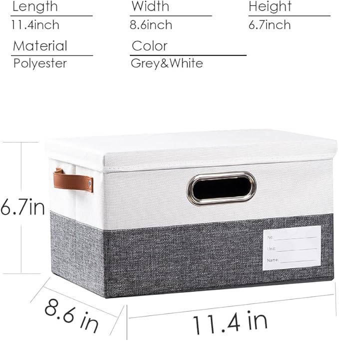 PRANDOM Storage Boxes with Lids [3-Pack] Linen Fabric Foldable Storage Bins Organizer Containers Baskets Cube with Cover for Closet Office Nursery Grey&White（11.4X8.6X6.7