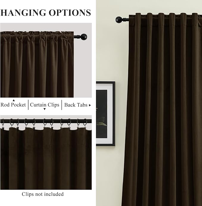 Brown Velvet Curtains Extra Long Room Darkening Drapes Super Soft Elegant Thermal Insulated Soundproof Privacy Window Curtains for Bedroom Living Room, Back Tab Rod Pocket, W52 x L102, 2 Panels