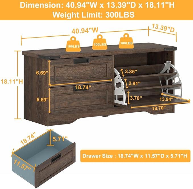 FATORRI Bench with Shoe Storage for Entryway, Wooden Shoe Benches with Flip Door and Drawers, Entry Way Shoes Organizer Cabinet for Living Room Mudroom (Dark Walnut)
