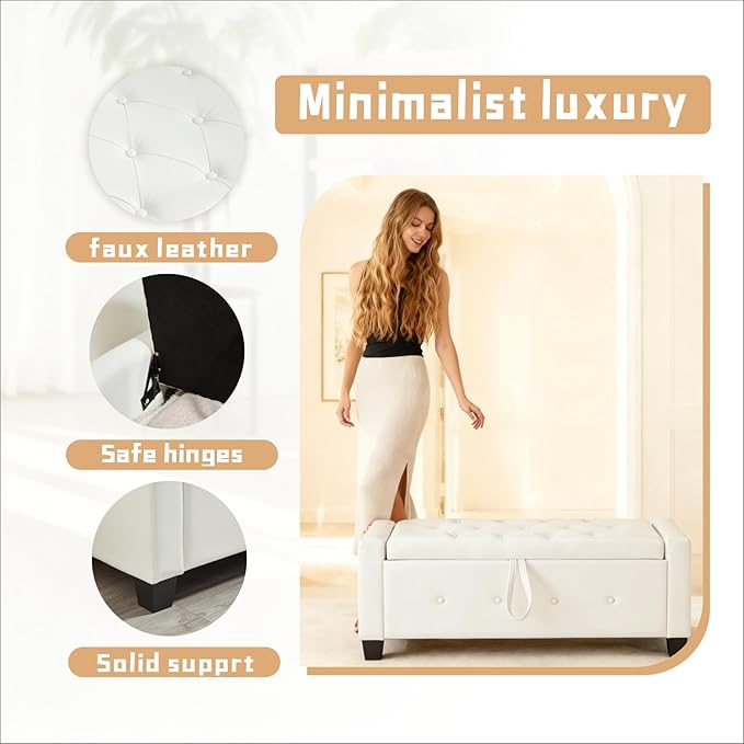 48” Storage Ottoman Bench, Upholstered Button-Tufted End of Bed Bench with Soft-Close Hinge & Solid Wood Legs, Foot Rest for Living Room, Bedroom, Hallway (Faux Leather, White)
