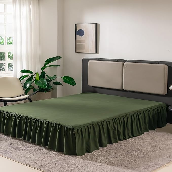 TSUTOMI Bed Skirt Queen Size Ruffled Bed Skirt with Split Corners, 14 Inch Drop Dust Ruffle Bed Skirts with Platform, Gathered Style, 100% Microfiber, Green