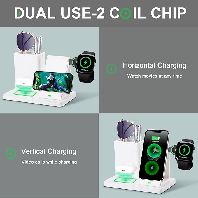 White Leather Pen Holder Desk Organizer with 3-in-1 Wireless Charger for Phone, Earbuds, Watch - Desktop Phone Stand,birthday gifts for women,mom gifts (white)