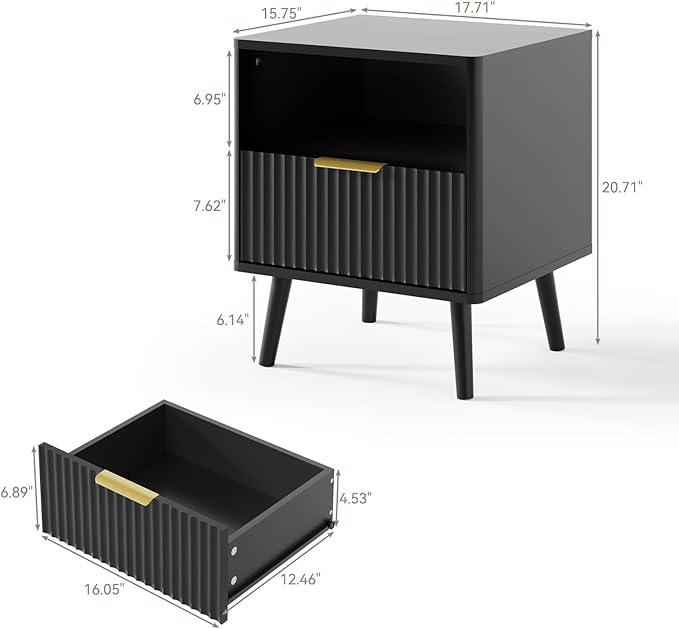 LYNSOM Fluted Dresser and Nightstand Sets 3 Piece, 5-Drawers Dresser and 1-Drawer Nightstands Set of 2, Wood Bedroom Furniture Set for Home, Bedroom, Hallway, Black