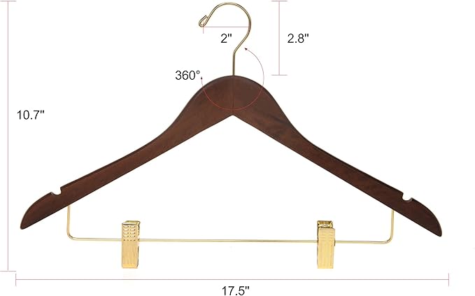 Quality Hangers Quality Wooden Skirt Hangers with Clips 80-Pack Walnut Pants Adjustable Gold Metal Clips, Swivel Hook, Coat, Jacket, Blouse Suit (Walnut - 80) 17.5'' inch