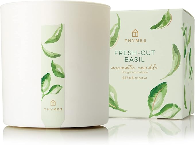 Thymes Scented Candles for Women & Men - Fresh Home Fragrance - Matte White Candles - Notes of Fresh Basil, Tomato Leaf, Sage, Black Currant, Blood Orange, & Petitgrain (Fresh-Cut Basil, 8 oz)