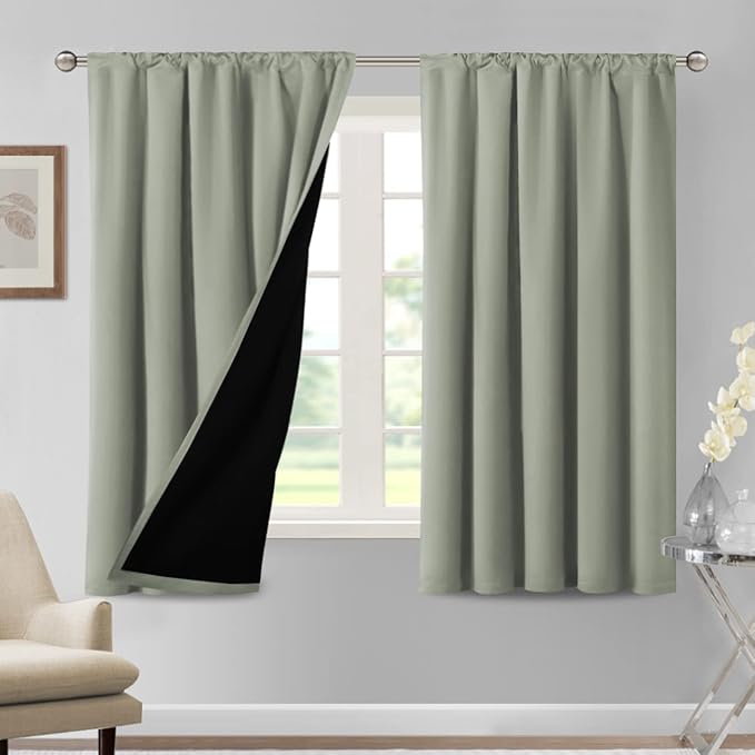 H.VERSAILTEX 100% Blackout Curtains for Bedroom Thermal Insulated Blackout Curtains for Living Room 63 Inches Long Rod Pocket Curtains with Black Liner 2 Panels Set, Light Sage
