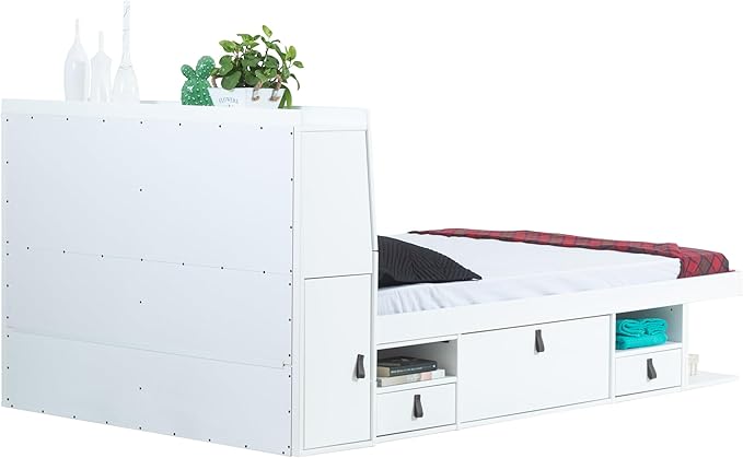 memomad Bali Set: Storage Platform Bed with Drawers + Bookcase Headboard (Queen Size, White Wood)