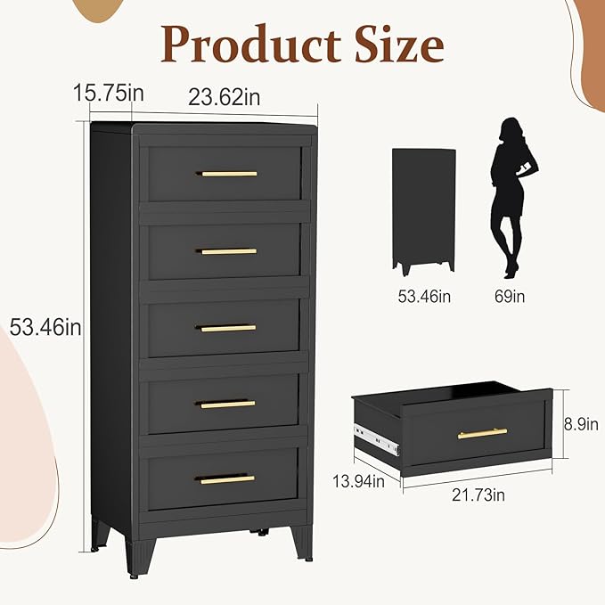 Metal Tall Dresser for Bedroom, Black Dressers & Chest of Drawers, 5 Drawer Dresser with Curved Corner, Bedroom Dressers with Drawers, Storage Cabinet for Hallway, Entryway (Black, 24" W)
