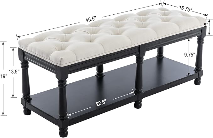 DUOMAY Mid-Century Tufted Storage Bench with Shelf, Linen Upholstered Farmhouse Entryway Shoe Bench Ottoman Bed End Stool for Bedroom Living Room Dining Room, Black Wood Frame, White