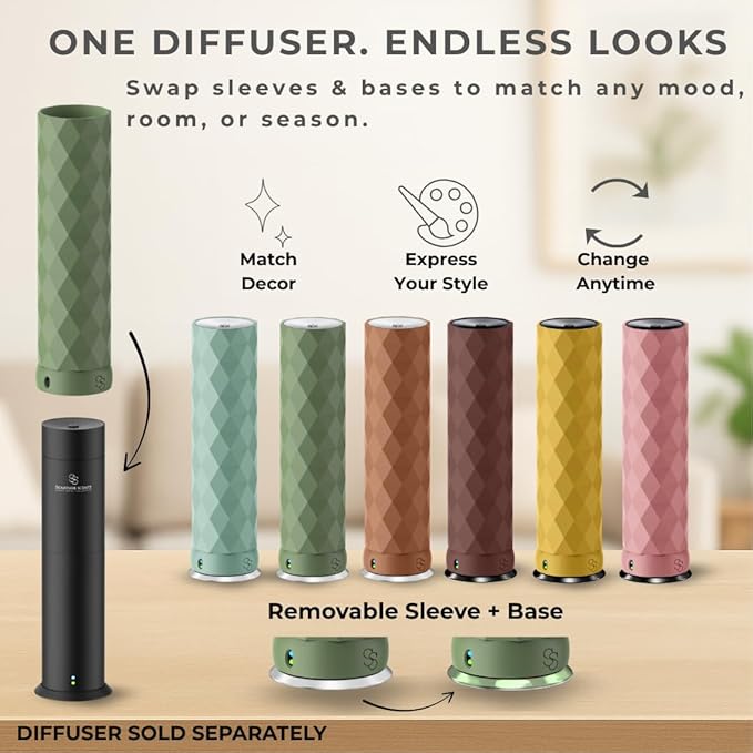 Waterless Essential Oil Hotel Scent Diffuser - Cold Air Diffuser - Covers 1000 sq. ft. - Waterless Diffuser for Home, Office & Hotel (Black + Interchangeable Sleeve) (Black + Matte Black Sleeve)