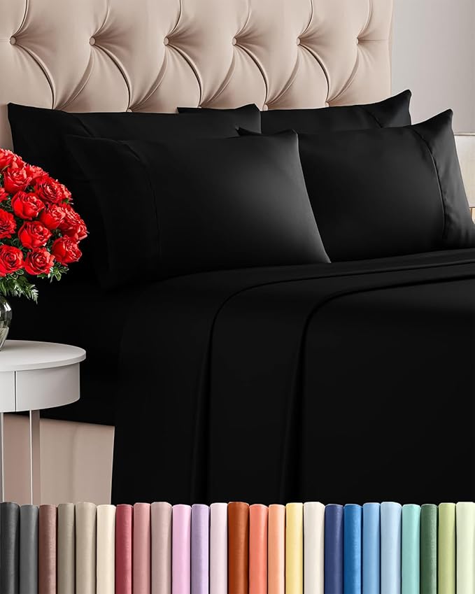 Cal King 6 Piece Sheet Set - Cooling, Comfy & Breathable - Hotel Luxury Bedding, Includes Fitted Sheet for Women, Men, Kids & Teens - 1 Flat, 1 Fitted Sheet, 4 Pillowcases with Deep Pockets - Black