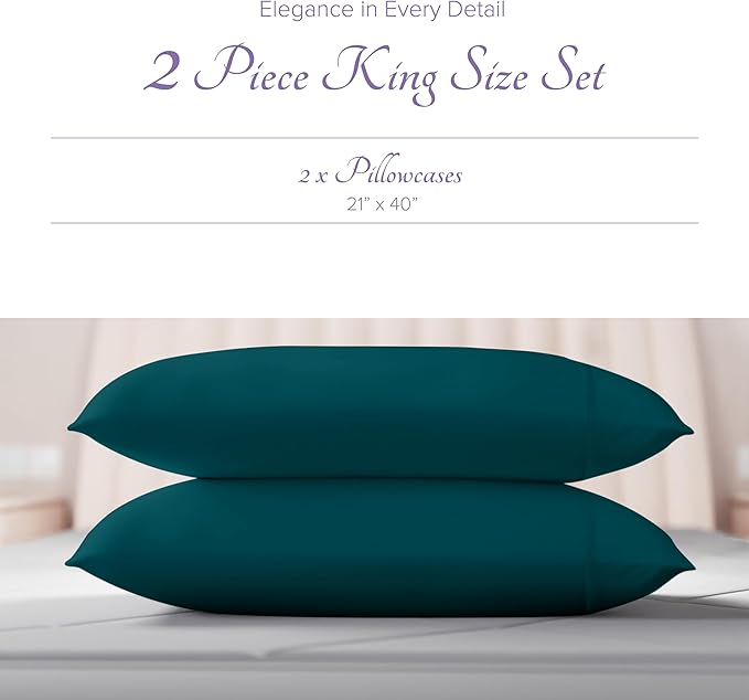 Carressa Linen 100% Egyptian Cotton King Size Pillow Cases Set of 2 - Luxury 600 Thread Count King Pillowcases (Teal), Silky Soft, Cooling, Breathable Sateen Weave Hotel Quality Bed Pillow Cover