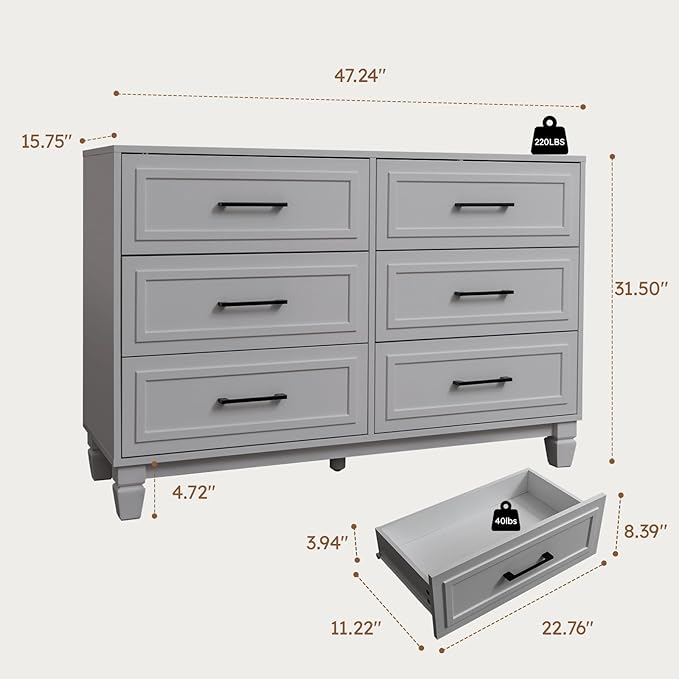 Farmhouse Dresser for Bedroom, 6 Drawer Dresser with Unique Solid Wood Legs, Modern Wide Chest Dressers for Clothes, Closet, Living Room, Grey