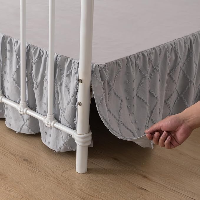 Bed Skirt Queen Size Ruffled Bed Skirt with Split Corners, 18 Inch Drop Dust Ruffle Bed Skirts with Platform, Boho Tufted Shabby Chic Full Size Bed Skirts, Light Grey