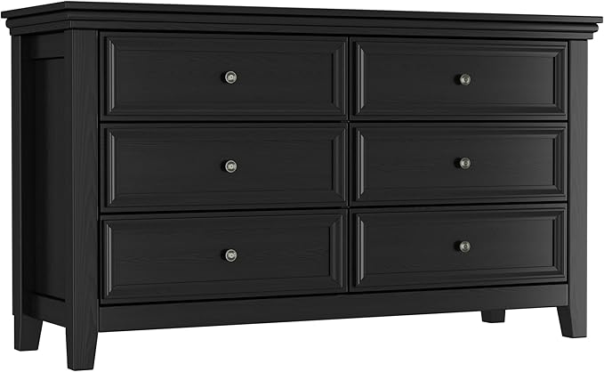 Black Dresser for Bedroom 6 Drawers Dresser - 47.2" Wide 6 Chest of Drawers Storage Double Cabinet as Bedfoot Organizer & Wardrobe Cabinet