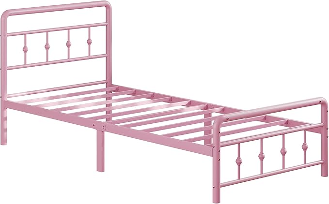 12 Inch Twin XL Bed Frames with Headboard and Footboard, Heavy Duty XL Twin Metal Mattress Foundation No Box Spring Needed, Noise Free, Easy Assembly, Pink