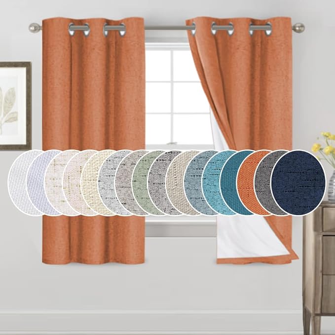 PrinceDeco Linen Texture Curtains 100% Blackout Curtains 64 inch Long 2 Panels Set for Bedroom Living Room Energy Saving Window Treatment Curtain Drapes, Burlap Fabric with White Liner，Orange