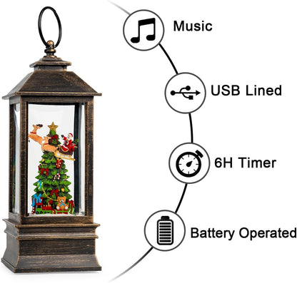 10'' Musical Snow Globe Lantern Lighted Christmas Tree and Flying Santa Water Lantern Swirling Glittering Home Decoration and Gift, Battery Operated or USB Powered