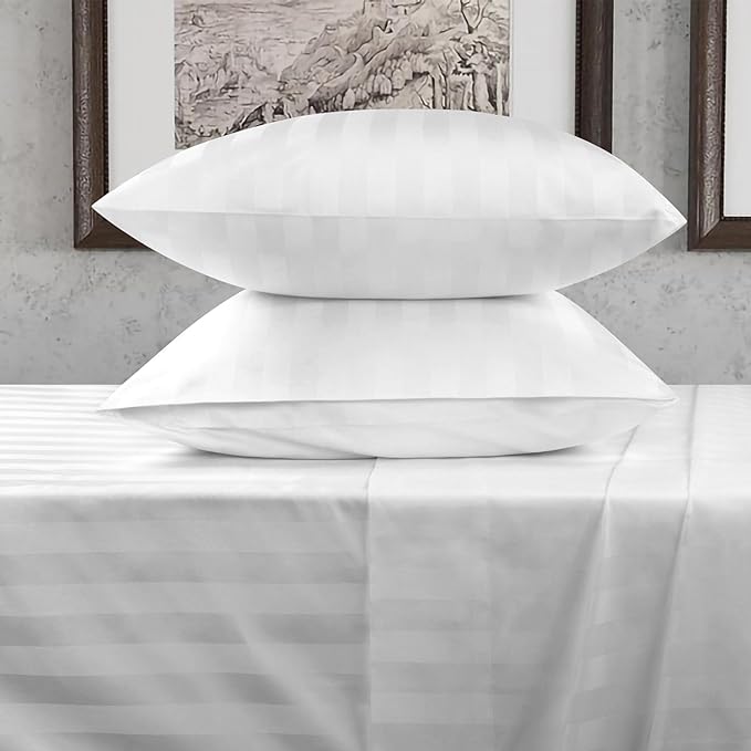 URBANHUT 800 Thread Count 100% Cotton Damask King Size Sheets, 4 Piece Striped King Size Bedsheets, Luxury Hotel Sheets Sateen Weave - Better Than Egyptian, 16" Elasticized Deep Pocket- White