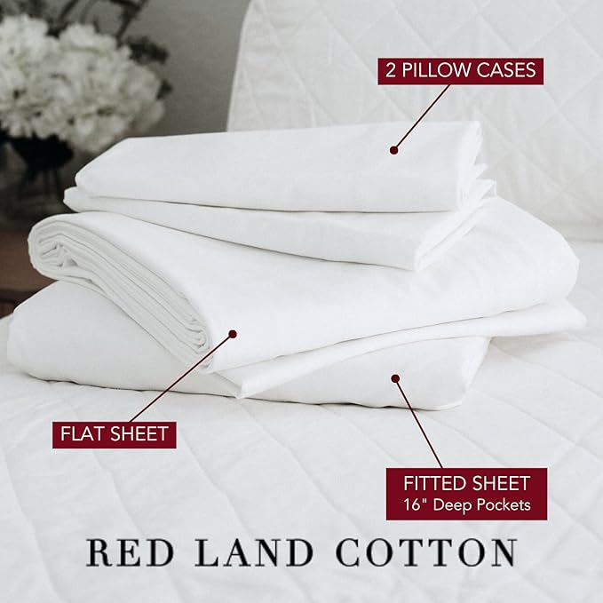 Red Land Cotton Luxury Sheet Set | 100% American Grown Cotton Basics | Premium Hotel Ultra-Soft Lightweight 4 Piece USA Made Deep Pocket Fitted, Flat Sheet & pillowcases Percale Weave (Cal King/White)