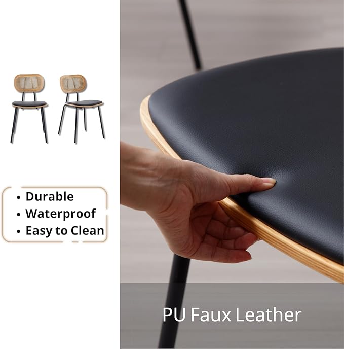 HEAH-YO Modern Dining Chairs Set of 6, Upholstered Faux Leather Dining Room Chairs with Rattan Backrest and Metal Legs, Armless Kitchen Chairs for Dining Room, Black