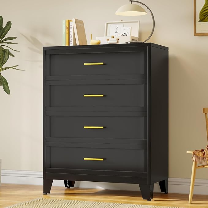 Black Dresser, Metal Tall Dresser for Bedroom, 43.11" H Dressers & Chests of Drawers, 4 Drawer Dressers for Living Room, Entryway, Hallyway (Black, 4 Drawers)