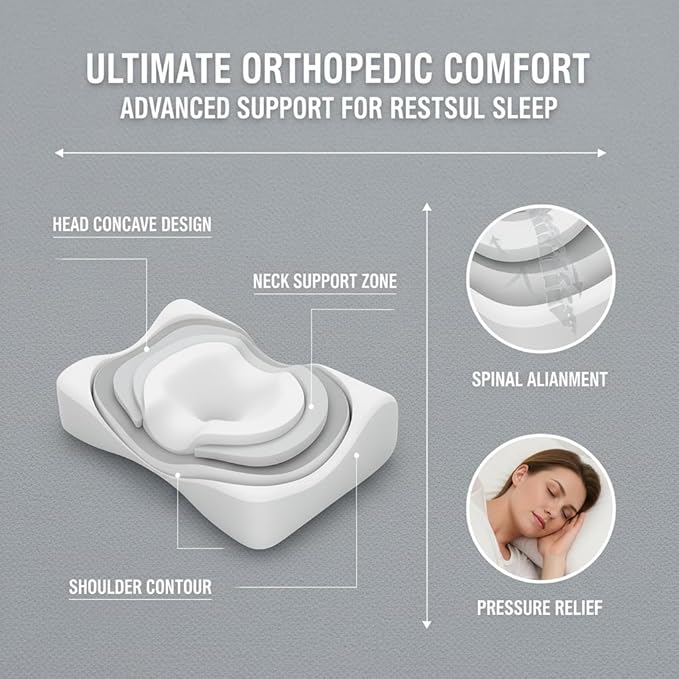Ergonomic Memory Foam Neck Pillow for Cervical Pain Relief - Orthopedic Contour Support for Back Side & Stomach Sleepers