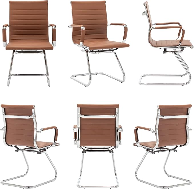 Wahson Office Guest Chairs Set of 4, Leather Reception Chairs, Mid Back Waiting Room Chair, Conference Chairs with Sled Base, Desk Chair No Wheels for Meeting/Lobby/Restroom, Coffee