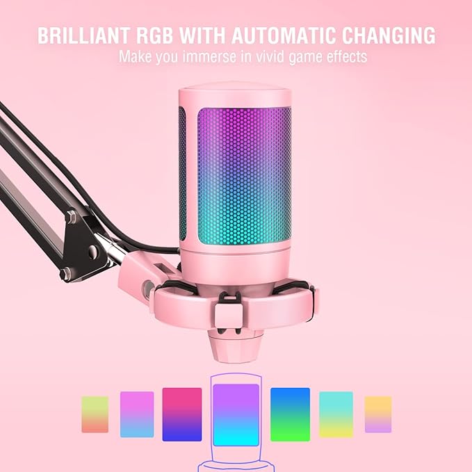 FIFINE Gaming USB Microphone Kit, PC Streaming Recording Computer RGB Microphone Set for Podcasting, Singing, YouTube, Condenser Cardioid Mic with Quick Mute, Gain Knob-A6T Pink