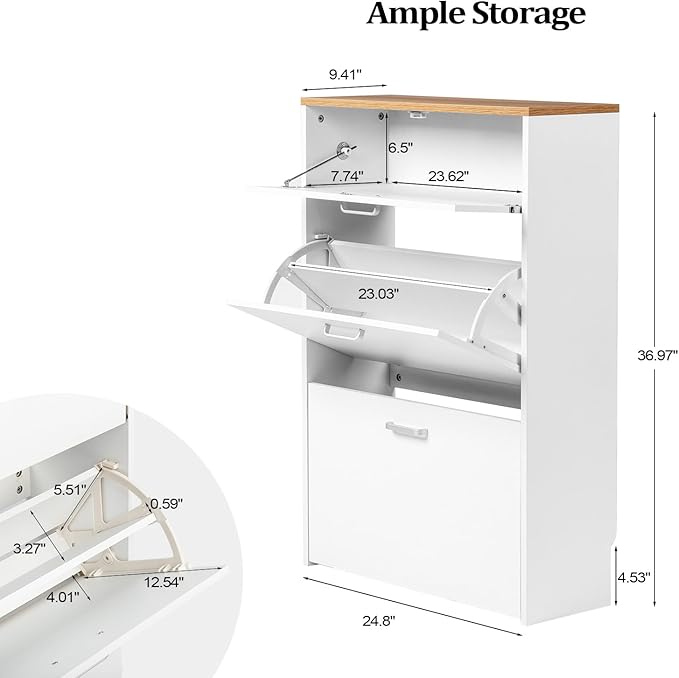 VINGLI Shoe Cabinet Storage for Entryway Ultra Slim with 2 Flip &1Drop-Down Drawers, 24.8" W Narrow Shoe Cabinet for Front Door Entrance,Freestanding Modern White Wood Shoes Organizer for Hallway