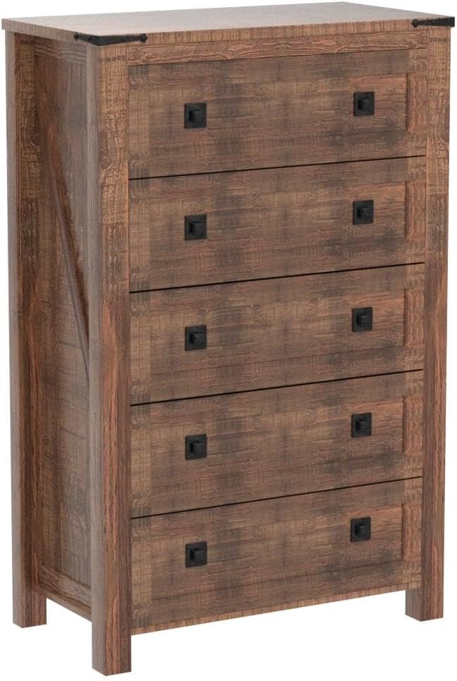 T4TREAM Farmhouse 5 Drawers Dresser Chests for Bedroom, Wood Rustic Tall Chset of Drawers,Dressers Organizer for Bedroom, Living Room,Hallway, Reclaimed Barnwood
