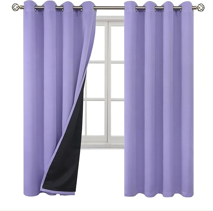 BGment Thermal Insulated 100% Blackout Curtains for Bedroom with Black Liner, Double Layer Full Room Darkening Noise Reducing Grommet Curtain (52 x 72 Inch, Lavender, 2 Panels)