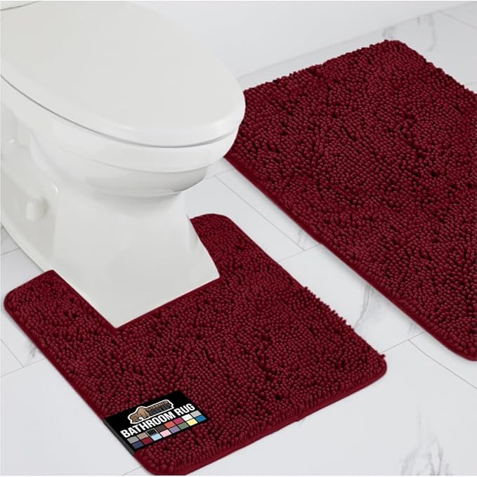 GORILLA GRIP Bathroom Rug Sets, Soft Chenille 2 Piece Area Rugs Set, Toilet Base Mat and 30x20 Carpet, Absorbent Microfiber Washable Mats Dry Quickly, Home Décor and Bath Room Accessories, Burgundy