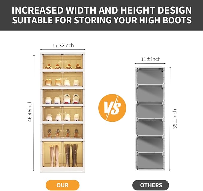 6-Tier Foldable Shoe Rack Organizer for Closet 12Pairs Plastic Shoe Shelf Collapsible Shoes Storage Box Clear Shoe Boxes Stackable with Door Easy Assembly Shoe Cabinet with Lids Large