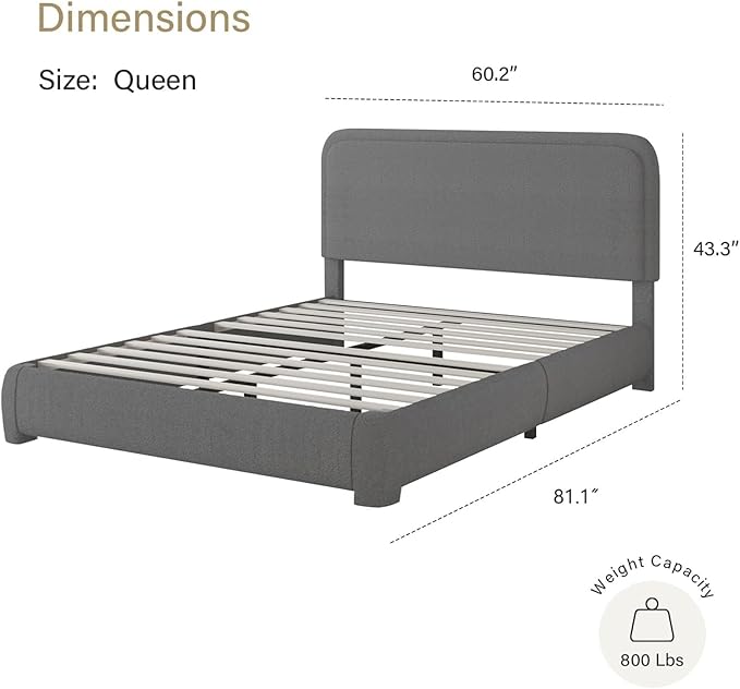 BarnFurin Queen Size Bed Frame, Boucle Upholstered Platform Bed Frame with Headboard, Modern Style, Soft Rounded Corners, No Box Spring Required, Easy Assembly, Dark Grey