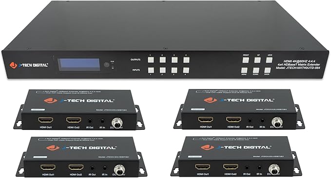 J-Tech Digital HDBaseT 4x4 Matrix Extender Switcher Supports HDMI2.0 HDCP2.2 4K60Hz 4:4:4 HDR Dolby Vison with 4 PoC Receivers, Over Single Cat5e/6 Cable, Control App, Compatible with Control4 Driver