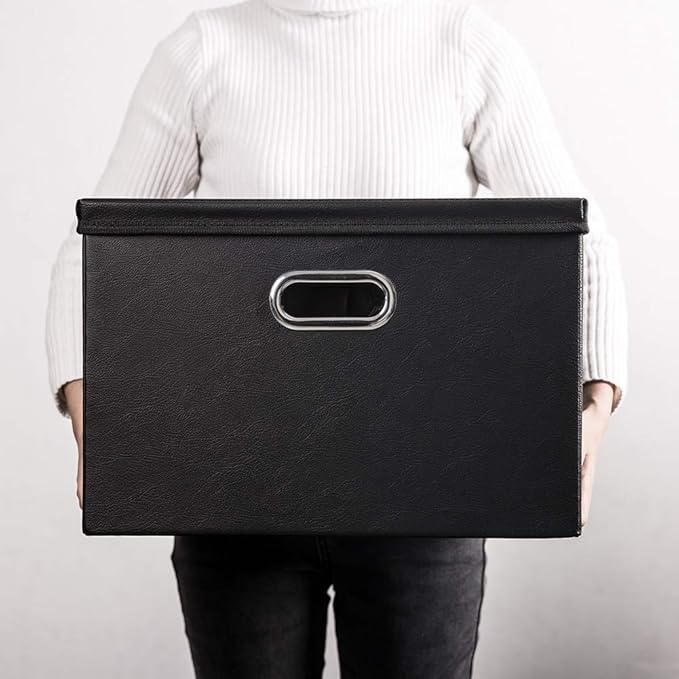 PRANDOM Large Collapsible Storage Bin with Lid [1-Pack] Leather Fabric Foldable Storage Box Organizer Containes Basket Cube with Cover for Home Bedroom Closet Office Nursery Black (17.7x11.8x11.8)