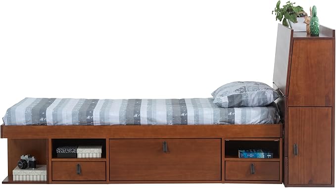 memomad Bali Set: Storage Platform Bed with Drawers + Bookcase Headboard (Twin Size, Caramel Brown Wood)