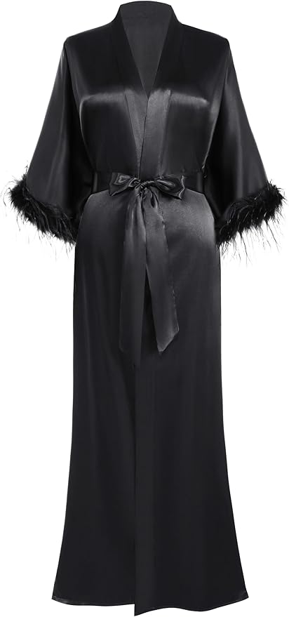 PRODESIGN Satin Kimono Robe Long Silky Bathrobe with Ostrich Feather Trim Sleepwear Wedding Bridesmaid Dressing Gown