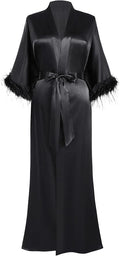 PRODESIGN Satin Kimono Robe Long Silky Bathrobe with Ostrich Feather Trim Sleepwear Wedding Bridesmaid Dressing Gown