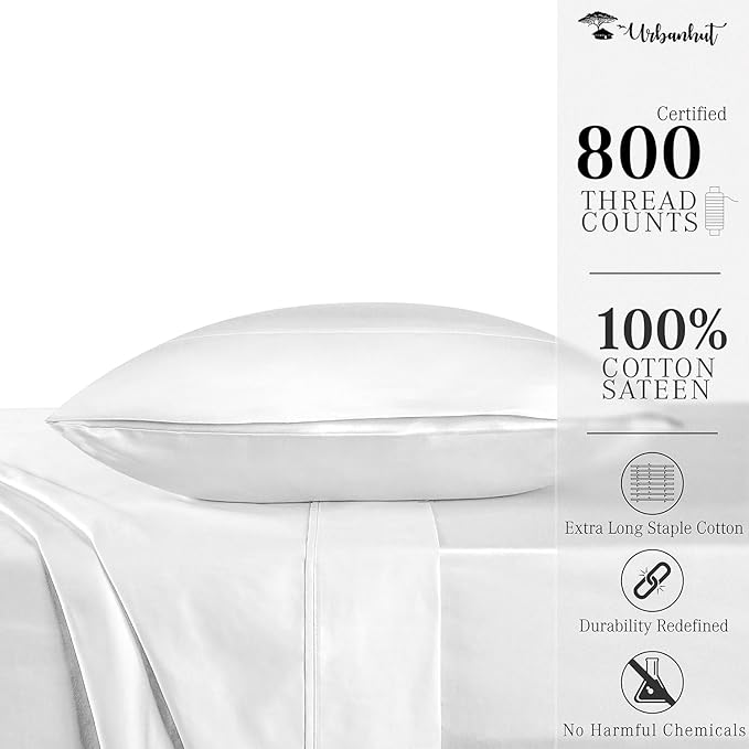 URBANHUT 800 Thread Count 100% Cotton Twin Size Sheets, Luxury 4 Piece Twin Bedsheets, Hotel Sheets Sateen Finish - Better Than Egyptian, 14" Elasticized Deep Pocket - White