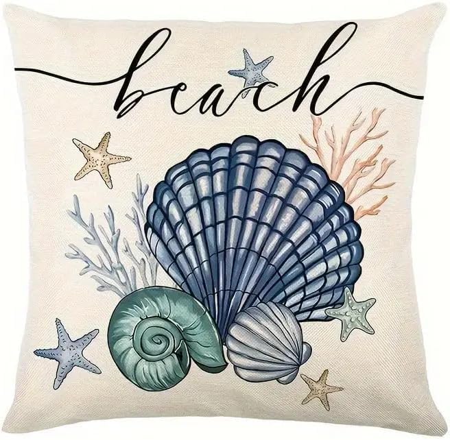 Beach Theme Throw Pillow Covers, 18x18 inches, Coastal Seashell and Starfish - Image 5