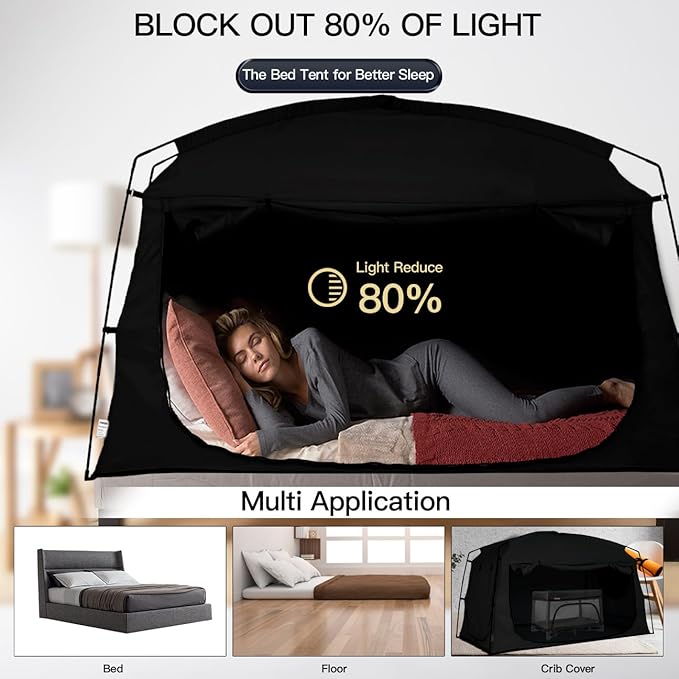 Bed Tent,Portable Privacy Sleeping Bed Canopy,Blackout 90% Drapes for Kids and Adult,Indoor Space Tent with Breathable Large Mesh Windows