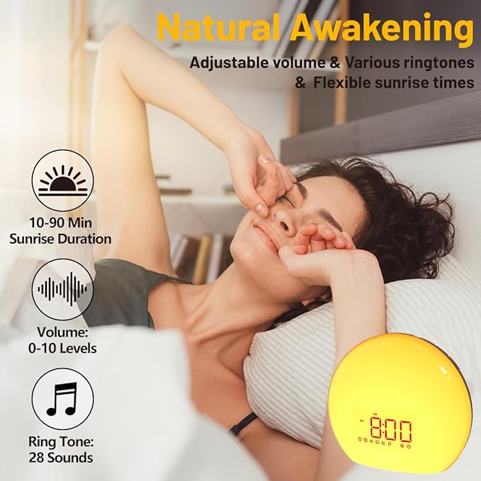 Magicteam Sunrise Alarm Clock Wake Up Clock Natural Sunset Simulation 21 Soothing Sounds Dual Alarm 6 Times Snooze 28 Ringtones Dimmable 12 Colors Night Light 10 Timer Options Adjustable Volume