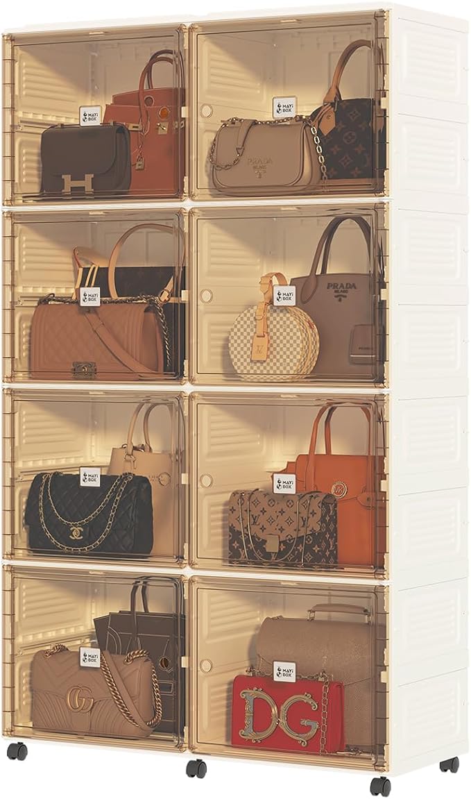 8 Cubbies Handbag Storage Organizer for Closet, Foldable Purse Display Cabinet with Magnetic Doors and Wheels, Fits Shoes&Boots, Books, Toys, and More