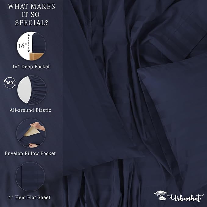 URBANHUT 800 Thread Count 100% Cotton Damask Twin Size Sheets, 4 Piece Striped Twin Size Bedsheets, Luxury Hotel Sheets Sateen Weave - Better Than Egyptian, 14" Elasticized Deep Pocket- Navy Blue