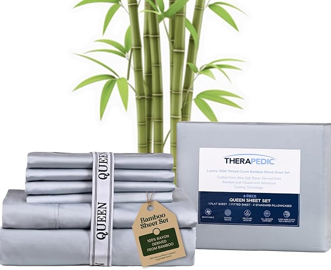 Therapedic 1000TC Queen 6-Piece Sheet Set - 100% Organic Rayon Dervied from Bamboo Blend with Cooling Fiber, Ideal for Hot Sleepers - 16" Deep Pocket Fitted Sheet, Bonus Pillowcases - Light Blue