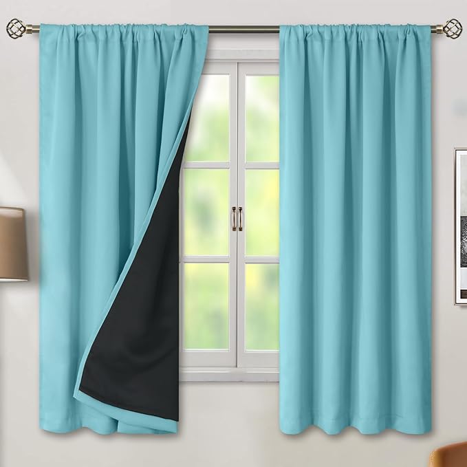 BGment 100% Blackout Curtains for Bedroom 63 Inch Length, Full Room Darkening Curtains for Living Room Rod Pocket with Thermal Insulated Liner, Each Window Curtains 2 Panels, 42 x 63 Inch, Aqua