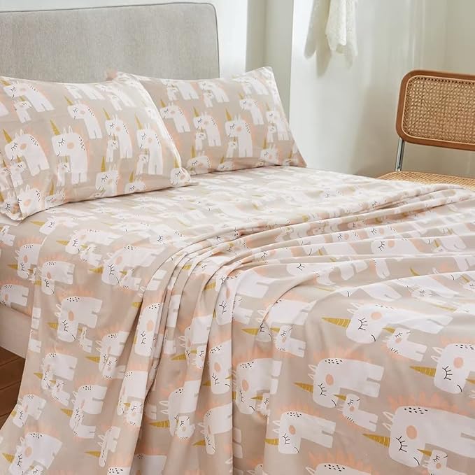 JSD Pink Unicorn Kids Sheet Set Twin Size, 3 Piece Girls Printed Microfiber Bed Sheets Deep Pocket